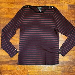 Lauren Ralph Lauren Black and Red Striped Lightweight Sweater Button Detail Pet